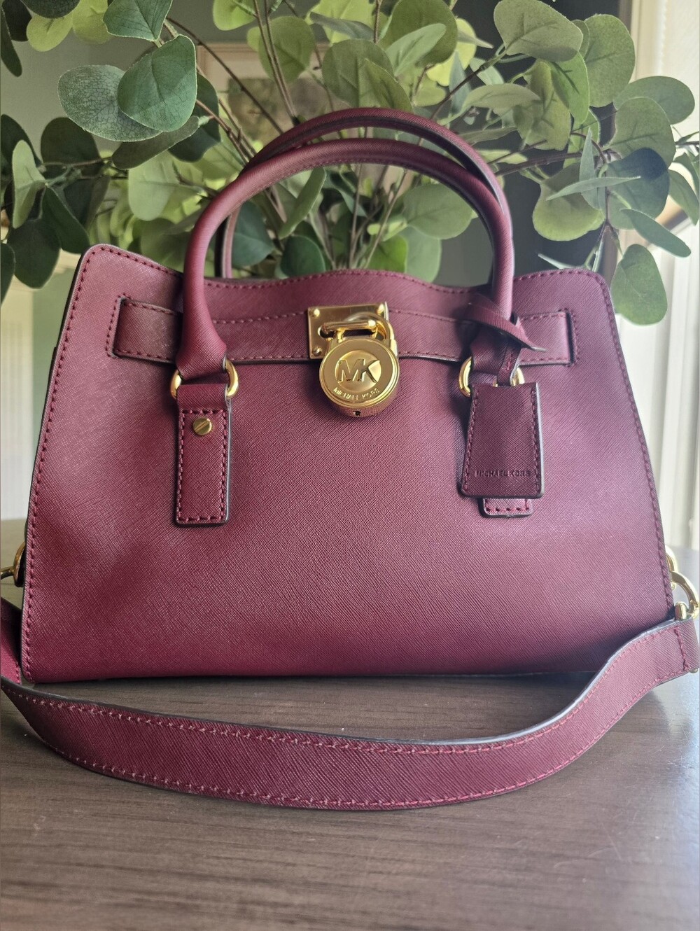 Michael Kors Medium Hamilton Burgundy Saffiano Leather Satchel With Dustbag